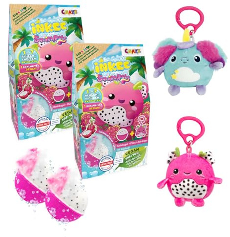 INKEE Badebombe Kinder 2er Set mit Überraschung – 2 XXL Badekugel Drachenfrucht Duft mit Squishpet Plüschtier Schlüsselanhänger – Mädchen Geschenke