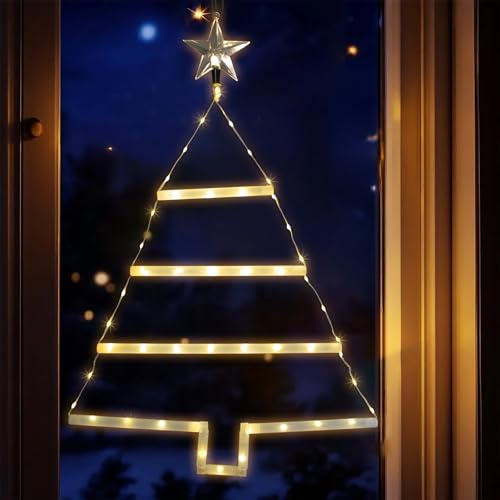 Fensterbild Weihnachtsbaum 66 LED mit 8 Funktionen und Timer - 70 x 46 cm – Deko Tannenbaum Silhouette warm weiß beleuchtet mit Stern Spitze - Weihnachten Advent Fenster Deko Wandbild