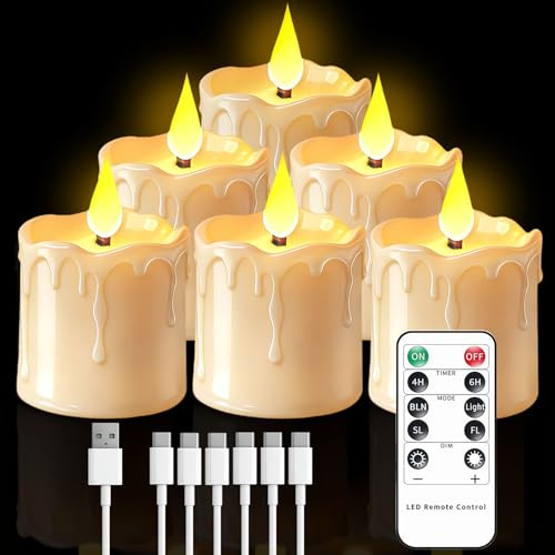 Broyal 6 Stück LED Teelichter Wiederaufladbar,Wasserdicht LED Teelichter mit Timer Fernbedienung,Elektrische LED Kerzen für Hochzeiten Partys Halloween Weihnachten Heimdekoration