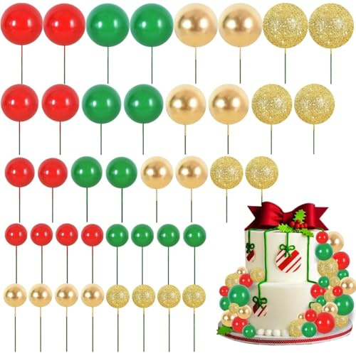 40 Pcs Ball Cake Toppers Insert Balls Cake Decorations Red Green Gold Foam Balls Cake Toppers DIY Cake Ornament for Birthday Baking Baby Shower Christmas Party Decorations