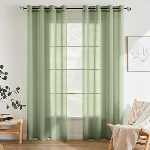 EMEMA Gardinen mit Ösen 2er 225cm Lang Salbeigrün Vorhang Voile Vorhänge | Vorhang mit Ösen Transparente Polyester Ösenschal Transparent Wohnzimmer Luftig Dekoschal für Schlafzimmer B140 X H225cm
