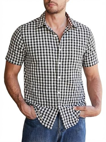 Halfword Chemise Homme à Carreaux Manches Courtes Coton Boutons Popeline Respirante Vacances Traditionnelle Bureau Décontractée Été