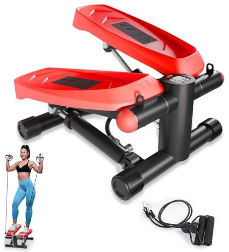 Air and Oil Powered Step Machine, Mini Stair Steppers with Resistance Bands, Air and Oil Powered Step Machine, Red and Black Hydraulic Stepper with 330 LBS Weight Capacity