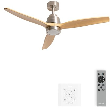 CREATE / WINDSTYLANCE M/Ventilador de techo ABS con luz níquel aspas efecto madera natural con controlador y mando / 40W, Temporizador, Ø132 cm, 6 velocidades, verano-invierno, doble altura