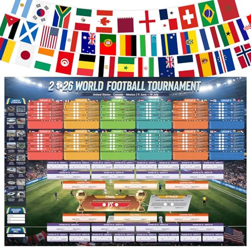 AhfuLife Tableau mural extra large du monde de football 2026 et guirlande de fanions de 15 m et 48 fanions pour décorations de fête, affiche de coupe du monde de 100 x 70 cm avec calendrier de 48