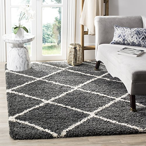 SAFAVIEH Zottelig Teppich für Wohnzimmer, Esszimmer, Schlafzimmer - Hudson Shag Collection, Hoher Flor, Dunkelgrau und Elfenbein, 122 X 183 cm