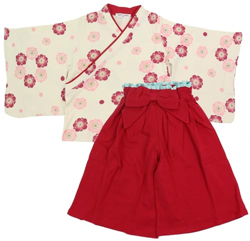 Baby Kids Hakama Style Coverall Set Girls Kimono style girl Japanese Formal birthday Halloween dress Child Dress (RED, 90)