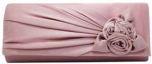 wocharm Ladies Satin Clutch Bag With Rose Evening Wedding Party Prom Bridal Handbag Women's Shoulder Bag (Rose Pink)