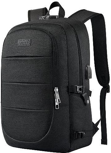AMBOR Rucksack Herren, 17,3 Zoll Laptop Rucksack Schulrucksack mit USB-Ladeanschluss, Backpack Damen Anti-Diebstahl Rucksack Multifunktion Notebook Tasche Wasserdicht, Schwarz