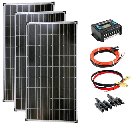 SOLARTRONICS Solar Set: 3x 130W monokristalline Solarmodul + 20A Laderegler blau + PV Kabel + Solarstecker Photovoltaik Inselanlage für Camping, Gärten