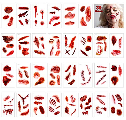 FRCOLOR 30 Blatt Narben Tattoo Halloween Temporäre Tattoos Halloween Zombie Narben Tattoos Aufkleber mit gefälschten Schorf Blut spezielle für Kostüm Makeup Requisiten
