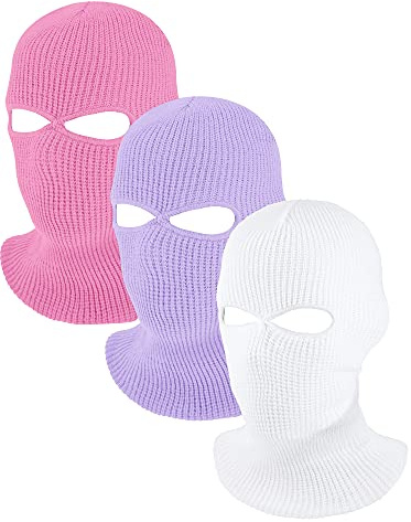 Blulu 3 Pack 2 Hole Ski Masks Winter Knitted Ski Masks Balaclava Warm Full Face Windproof for Men Women Sports Outdoor(Pink, White, Purple)
