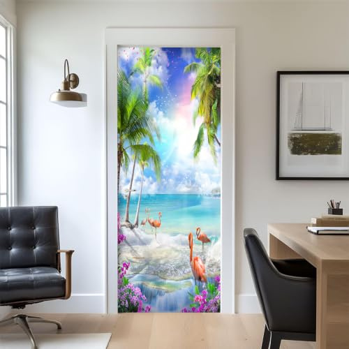 FLFK 3D Türtapete Selbstklebend TürPoster 77x200cm-Rosa Flamingos bei Sonnenuntergang Türaufkleber Abziehen und Aufkleben Mauer Aufkleber Zuhause Dekor(2 Stk/Set)