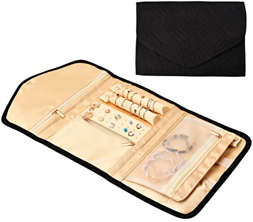 Jinlaili Schmuckrollen Organizer, Schmucktasche Tragbare für Reise, Faltbare Schmuck Aufbewahrung Tasche, Schmuckbeutel, Schmuck Tasche Wildleder für Ringe Ohrringe Halsketten Armbänder Uhren(Schwarz)