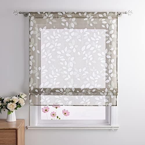 Joyswahl Dolly Raffrollo mit Blätter Muster transparente Raffgardine mit Stangendurchzug, Bändchenrollo Küchen Gardinen BxH 60x140cm Grau 1 Stück