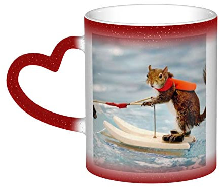 ASEELO Keramik-Kaffeetasse mit Wasserski-Fuchs, Eichhörnchen, Farbwechsel, Thermo-Keramik-Teetassen, Geschenke für Familie und Freunde