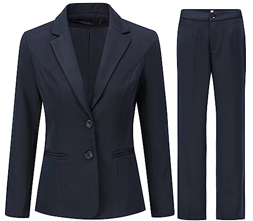 YYNUDA Tailleur Femme Ensemble avec Pantalon Revers Blazer 2 Pièces Poches Double Boutonnage Slim Fit Costumes Officiel,Marin,XL