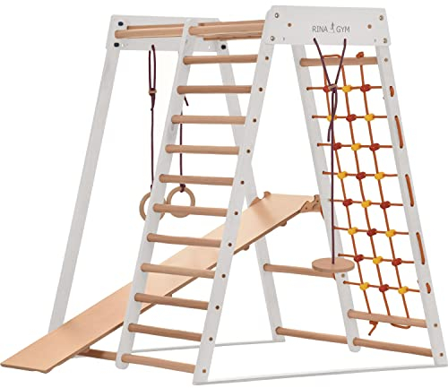 Indoor Spielplatz aus Holz für Kinder - holz klettergerüst indoor, schwedische Leiter, Ringe, Rutsche - Ideal für 1 bis 5 Jahre - Indoor Klettergerüst Kinder kidwood klettergerüst(Classic weiß)