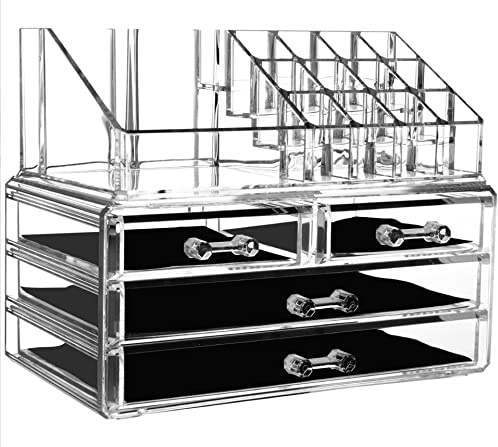 YIHAOBOX sminkförvaring, kosmetisk arrangör smycken förvaringslåda akryl kosmetiska läpppinnar hållare låda 4 lådor transparent