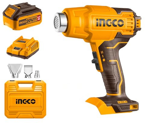 INGCO Cordless Hot Air Gun with 4.0Ah Battery and Charger, Max 1022°F(550°C) 20V Portable Heat Gun Packed by Plastic Box, 3Pcs Nozzle for Pipe Bending, Shrinking, Paint Stripping HGLI20025