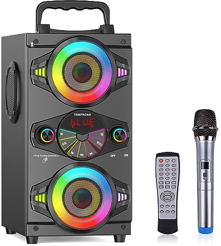 TOMPROAD Bluetooth-Lautsprecher, 60W tragbar kabellos großer leistungsstarker Stereo-Bass-Soundbox, lauter Outdoor-Home-Party-Lautsprecher mit Subwoofer, UKW-Radio, LED-Leuchten, Mikrofon