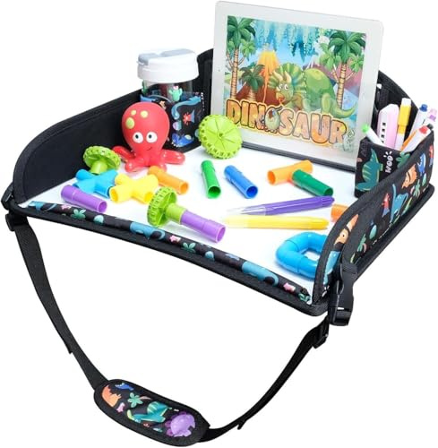 INFANZIA Kinder Reisetisch, Tragbares Knietablett, Faltbar, Dinosaurier | Snack-Tablett, Faltbarer Organizer mit Stauraum, Zeichenbrett Geschenk, Rücken-/Kindersitz für Auto/Flugzeug/Zug