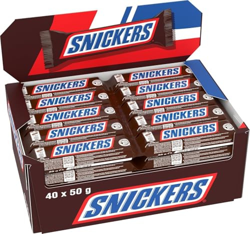 SNICKERS Barres Chocolat au Lait Cacahuètes Caramel 40x50g Grand Format 2kg | Barres chocolatées au cœur de cacahuètes grillées et caramel, grand format, le snack gourmand parfait pour les pauses