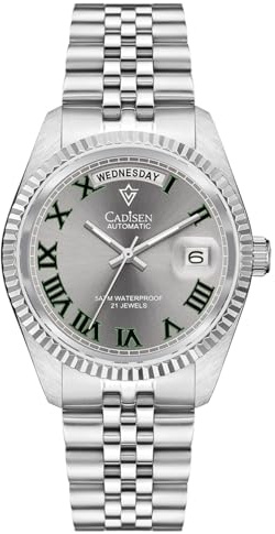 WEICHULWJ CADISEN Design Automatik Uhr Herren Mechanische Edelstahl Wasserdicht Saphirglas Datum-Woche Armbanduhren Hommage (8228Gray-W)