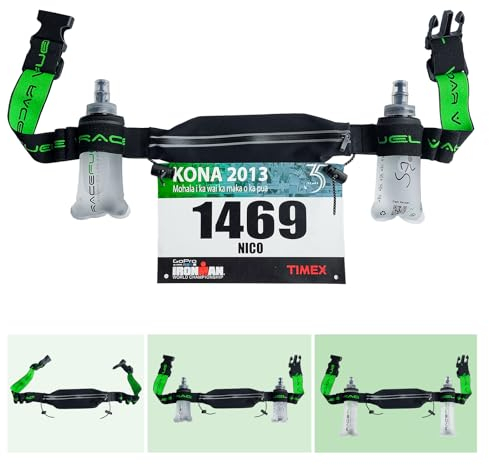RaceFuel Triathlon Startnummernband Laufgurt mit Tasche für Handy mit Nummernhalter & 6 Halter Softflask oder Gel für Joggen Radfahren Marathons (Mit Tasche + 2x150ml Flask)
