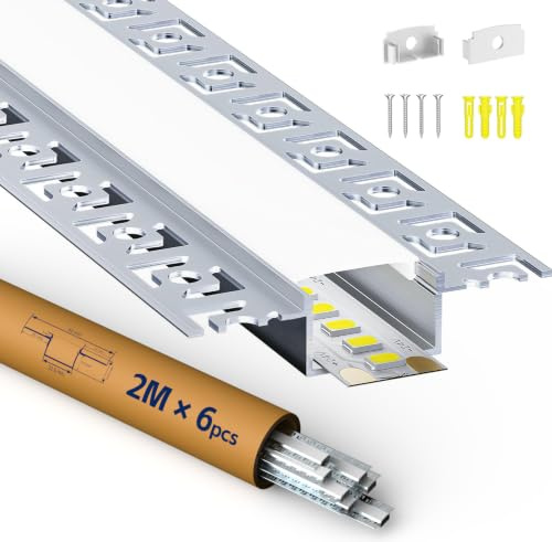 HOOLED Profilo alluminio per Strisce LED 2 m x 6 pezzi con copertura PC opaca, Profili per strisce LED Dimensioni 28 mm (alette 64,2 mm) x 10 mm larghezza massima striscia 20,2 mm