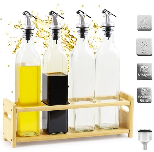 AZKEEGREY 4 botellas de aceite de cristal con soporte de madera, dispensador de aceite de oliva de 500 ml con boquilla para botellas de cristal, vinagre y aceite con embudo y etiqueta para cocina