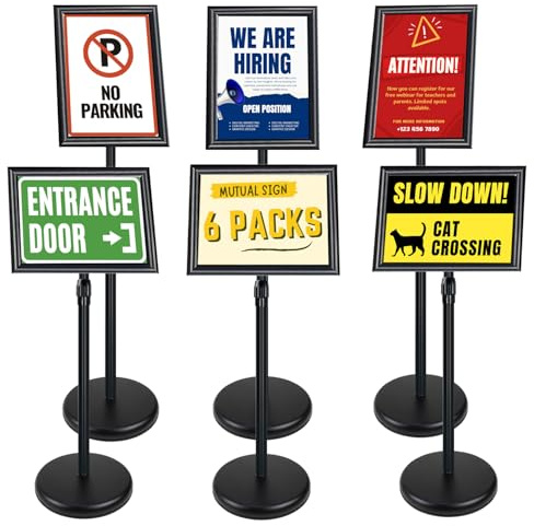 Mutualsign Lot de 6 Porte-Affiches A4 sur Pied, Présentoir Ajustable en Aluminium, Support de Menu au Sol avec Affiche Remplaçable et Base Stable (Noir)