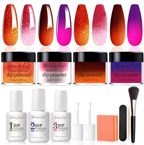 Honey Joy Kit de démarrage de poudre de trempage pour ongles, 4 couleurs Halloween citrouille, orange, violet mystique et violet mystique, ensemble de poudre de trempage liquide avec couche de base et