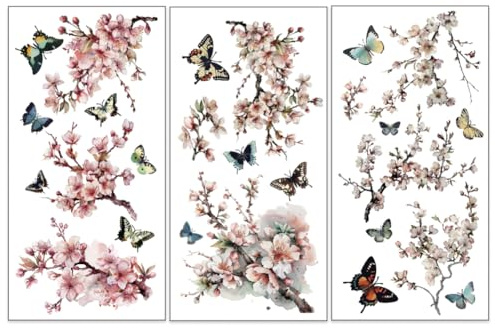 OLYCRAFT Juego de 3 adhesivos Sakura para muebles y manualidades, 15 x 30 cm, calcomanías de transferencia de flores de cerezo, calcomanías de mariposa para muebles de madera, álbumes de recortes,