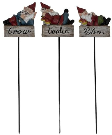 Set of 3 Gnome Garden Stakes - Multi-Color Plant Supports, 6x3x26 cm - Weather-Resistant Outdoor Decor with 'Grow,' 'Bloom,' 'Garden' Messages