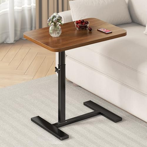 C Shaped Side Table with Wheels, Adjustable Height Sofa Laptop Stand Table with Hidden Wheels, C Shaped End Table Couch Side Tables That Slide Under, Modern Small Coffee Bedside Table (Walnut)