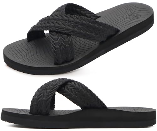 COFACE Womens Orthopedic Sandals Comfortable Orthotic Arch Support Open Toe Cushion Recovery Plantar Fasciitis 2025 Summer Walking Slip On Ladies Cloud Cross Slides for Woman Black Size 6