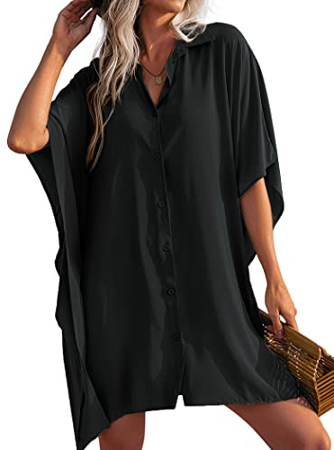AI'MAGE Strandklänning med knappar för dam strandskjorta sommarblus tunika chic elegant V-ringad strand bikini täcka upp, svart, L