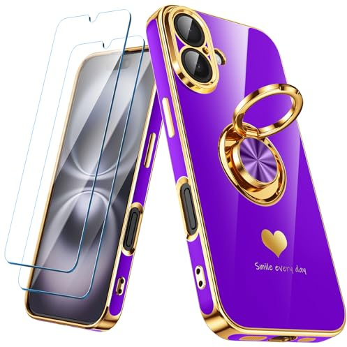 Nonional Compatible for iPhone 16 Case with 2 Pack Screen Protector, 360° Rotatable Ring Holder [Luxury Hearts Pattern] Plating Gold Edge Slim Soft Phone Cover Case for iPhone 16 - Neon Purple