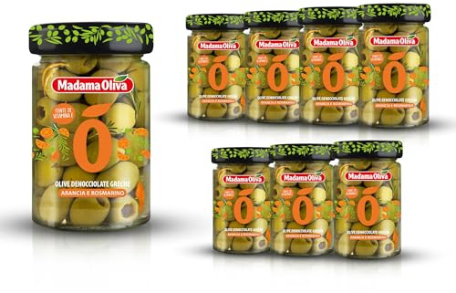 Madama Oliva Pack 7 Vasi Olive Verdi Denocciolate Greche 140g, Varietà Halkidiki, Gusto Arancia e Rosmarino, Lavorazione Castelvetrano, Confezionate in Salamoia, Sapore Intenso e Aromatico