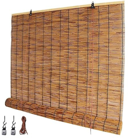 Bamboo Blackout Blinds Natural Reed Roll Up Window Blind, Cordless Outdoor Bamboo Roller Shades for Patio, Roman Bamboo Curtain for Privacy UV Protection 30 38 46 52 60 66 70 76in width(60x72 in (WxH)