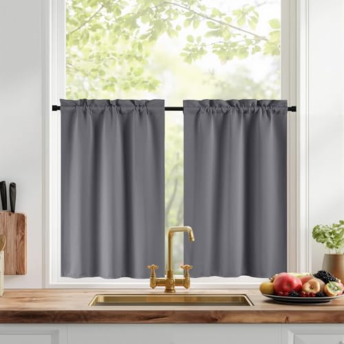 PONY DANCE Tende Oscuranti per Interni a Vetro Finestra Tende Termiche con Tasca Oscurante per Cucina Curtains Grigie Tendine per Finestra 2 Pezzi 60x150 CM