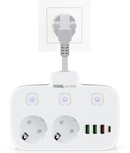 Doppelstecker für Steckdose mit Schalter, USB C & USB A Schnellladung QC 3.0, Wandsteckdose für Büro & Zuhause, Grauweiß