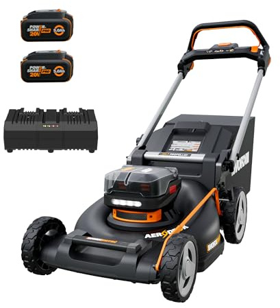 WORX WG760E Akku-Rasenmäher 40V, 51cm, für Rasenflächen bis 600m² | Bürstenloser Motor, 7-fache Schnitthöhe, Selbstantrieb, IntelliCut & 3-in-1 Funktion, inkl. 2X 5.0Ah Akkus & Dual-Ladestation