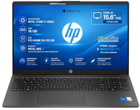 HP 250 Notebook Intel Core i7 16GB RAM SSD 512GB Display 15.6 Full HD | Antiriflesso, Windows 11 Pro e Libre Office, Pronto all'uso, Include Alimentatore HP, Garanzia Italia