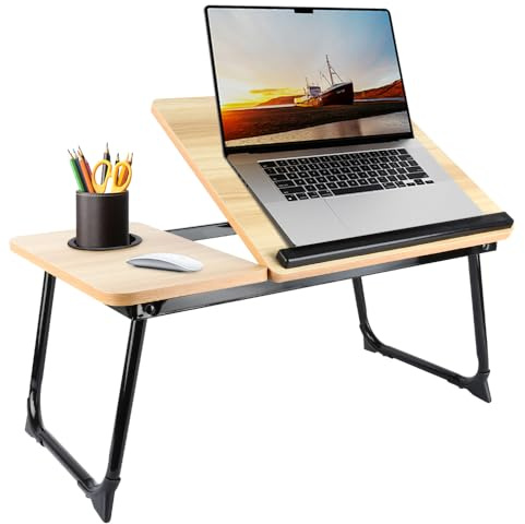 Supfine Table de Lit Pliable avec Porte Gobelet, Plateau de Lit 56 x 33 cm Réglable en Angle, Table Ordinateur en MDF pour Canapé, Sol, Plateau Inclinable (Couleur du Bois)