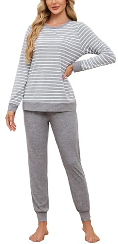 Breampot Schlafanzug Damen Lang Pyjamas Baumwolle Rundhals Nachtwäsche Set Winter Freizeitanzug Schlafanzüge mit Bündchen (Grau, Large)