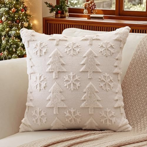 Artscope 1er Set Wolle Kissenbezüge Weicher Plüsch Kurzer Wollsamt Dekokissenbezuge Sofakissen Weihnachten Kissenhülle für Sofa Schlafzimmer Weihnachtsbaum und Schneeflocke Beige, 50x50cm
