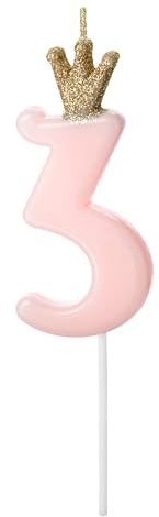 Zahlenkerze 3 Rosa mit Goldkrone, Glitzer, 9,5cm – Tortenkerze für Mädchen, Kindergeburtstag, Prinzessin Party, Kuchendeko Jubiläum, Ziffer Kerze Zahl