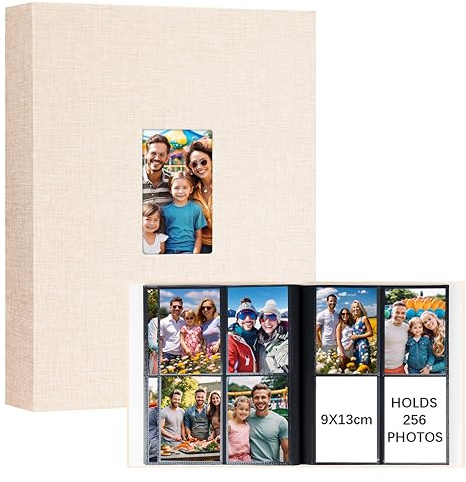Ruibytree Álbum de Fotos con Bolsillos 9x13 cm – Contiene 256 fotos, Cubierta de Lino con Ventana delantera, Ideal para Boda, Familia, Bebé, Aniversario y Tarjetas (Beige)